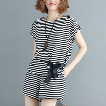

casual all match striped women shorts sets 2020 summer new cotton t-shirts and bow belt wide leg shorts female shorts suits