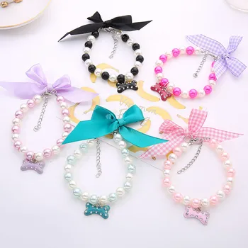 

Cute Pet Dog Pearls Necklace Collar with Bling Bone Charm Pet Puppy Wedding Jewelry Accessories for Female Dogs Cats