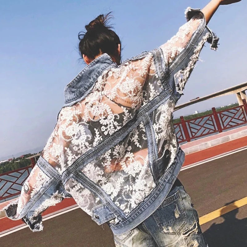 

Spring Fashion Streetwear Lace Patchwork Denim Jacket Women Embroidery 2022 Summer Patchwork Loose Jean Coat Female NZY135