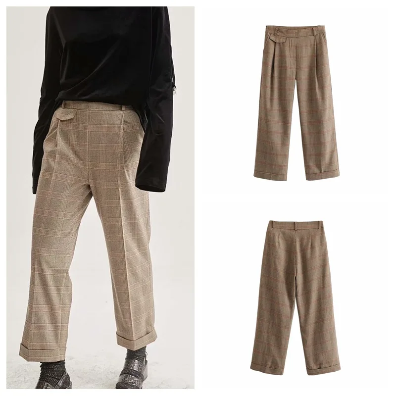 

Spring And Autumn Retro High-waisted Coffee Color Wales Square Pattern Suit Pants Children Straight-Cut Capri Pants Loose Pants