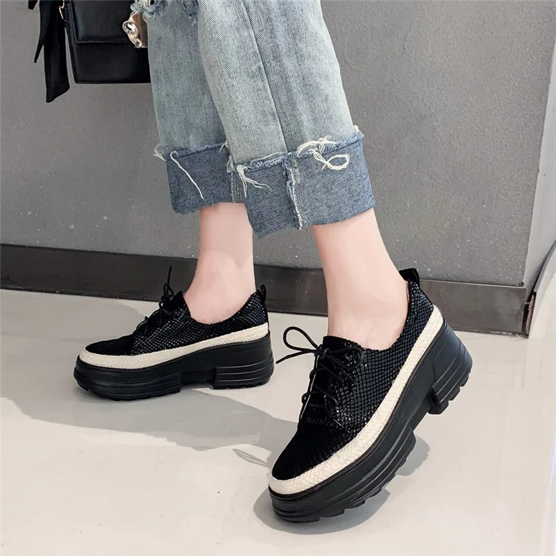

2020 New Blingbling Genuine Leather Lace Up Women Pumps Classic Round Toe Platform Casual Genuine Leather Shoes Woman