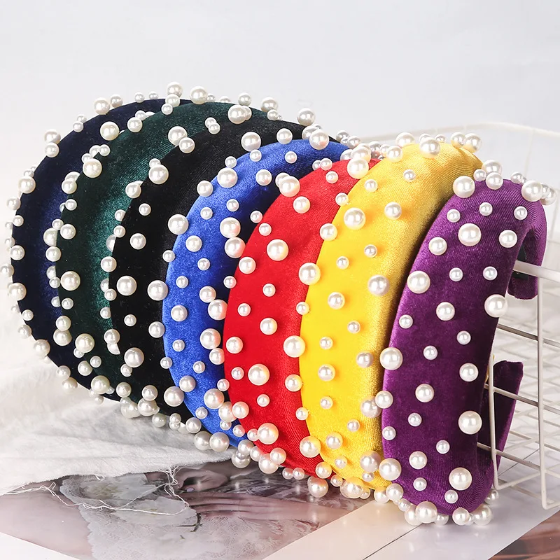 Fashion Thick Velvet Headbands Women Pearl Head Band Headwear Elasticity Hairband Elegant Girl Hair Accessories Vintage Headband