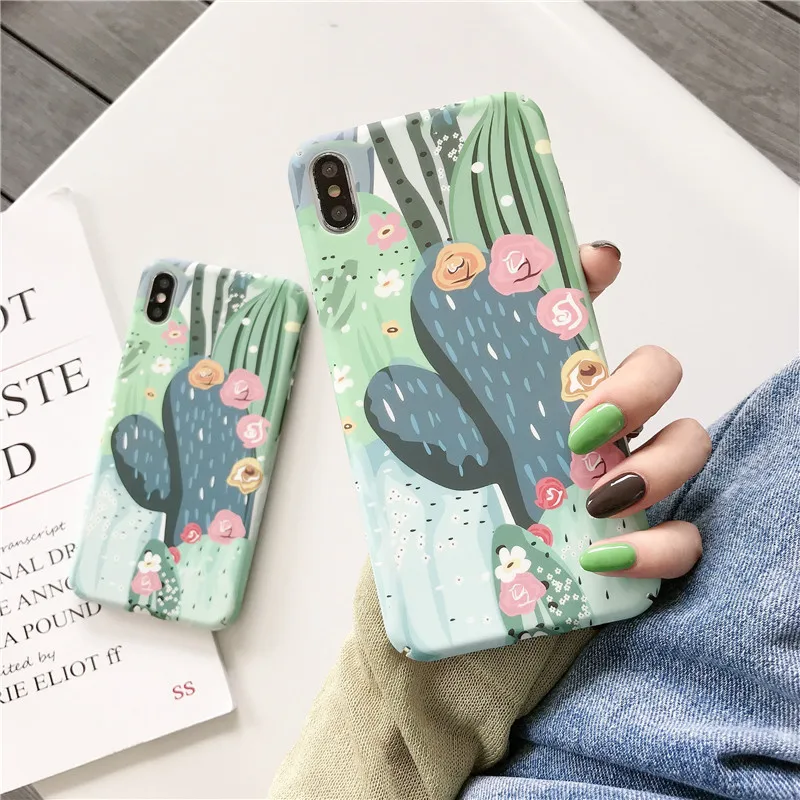 Hard PC Phone Case For iPhnoe 7 8 6 6s Plus Cactus Flower Leaf Cover For iPhone X XS Max XR Candy Color Full Cover Capa