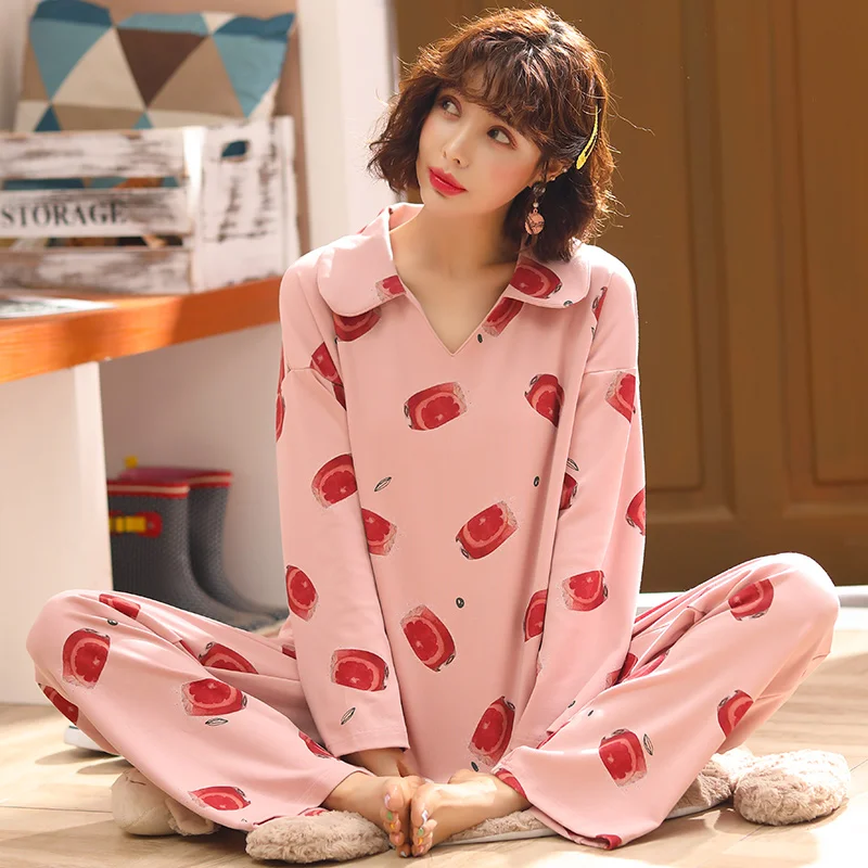 

Autumn Comfortable Simple Cotton Women Pajamas Set lovely pink printed Sleepwear Set Long sleeve Pajamas female Christmas Adult