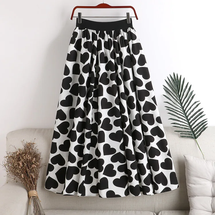Cotton Summer Mid-calf Skirt Women Heart A Line Stylish Skirt Sweet Elastic Waist Loose Love Print Skirt Elegant Umbrella Skirts maxi skirts for women