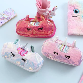 

1 Pcs Cartoon Laser Sequins Unicorn Pencil Case Animal Large Capacity Pencil Bags Cosmetic Case Stationery School Office Gifts