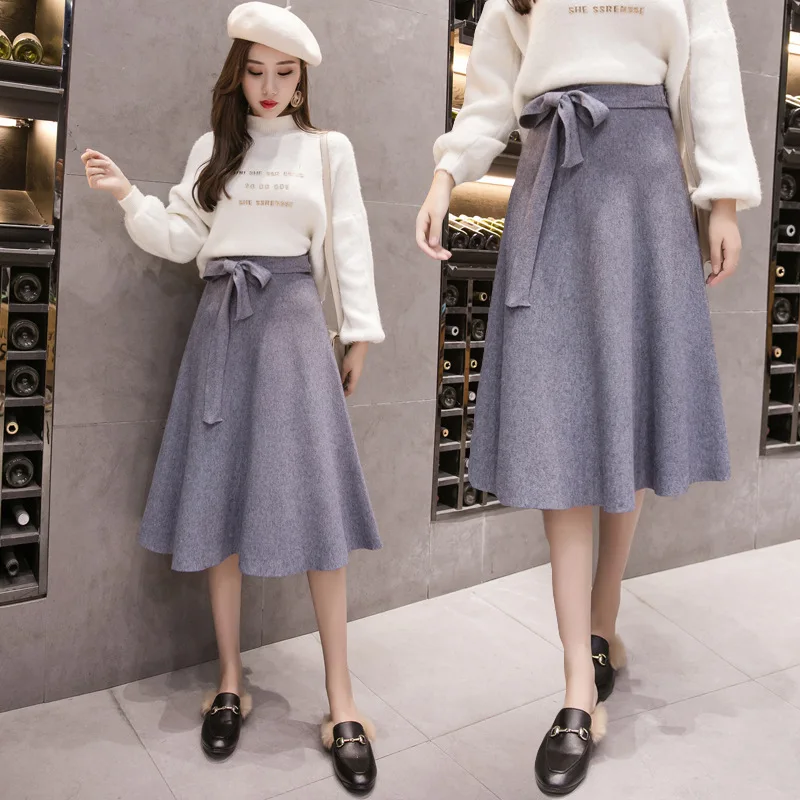 

Thick Knitted Skirt Women's 2019 Autumn & Winter New Style Korean-style Mid-length High-waisted Lace-up Yarn A- line Skirt Sub-