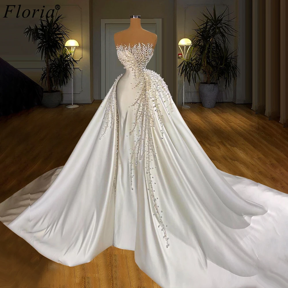

Two Pieces White Wedding Dresses Mermaid Pearls Wedding Gowns Luxury Elegant Brides Dresses Long Vestido De Noiva 2020 Custom