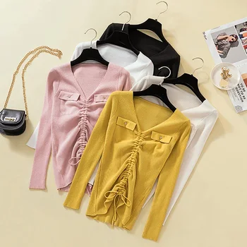 

Pullover Sweater Women 2019 V Neck Pocket Drawstring Slim Fitted Soft Winter Knitted Tops Women Sweaters Knitwear Knit Jumper