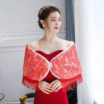 

Womens Bridal Wedding Dress Shawl Thick Plush Floral Lace Patchwork Wrap Shrug Tassels Trim Winter Warm Evening Gown Stole Cape