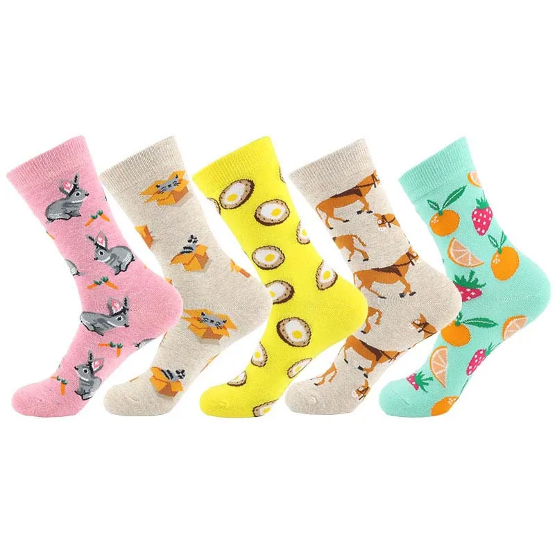 Creative Fruit Animal Funny Design Socks Cute Cow Rabbit Food Orange Strawberry Women Unisex Sokken 5 Color Divertidos Sox | Женская