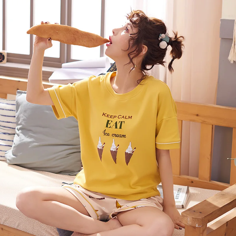 

6221 # Lettered Ice Cream Pullover FN Short Sleeve Shorts Pajamas Homewear Set Series