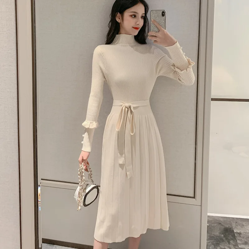 Весна Осень однотонные цветные ленты вязаный свитер миди платье vestido de festa офисные женские модные платья плиссированное платье для женщин
