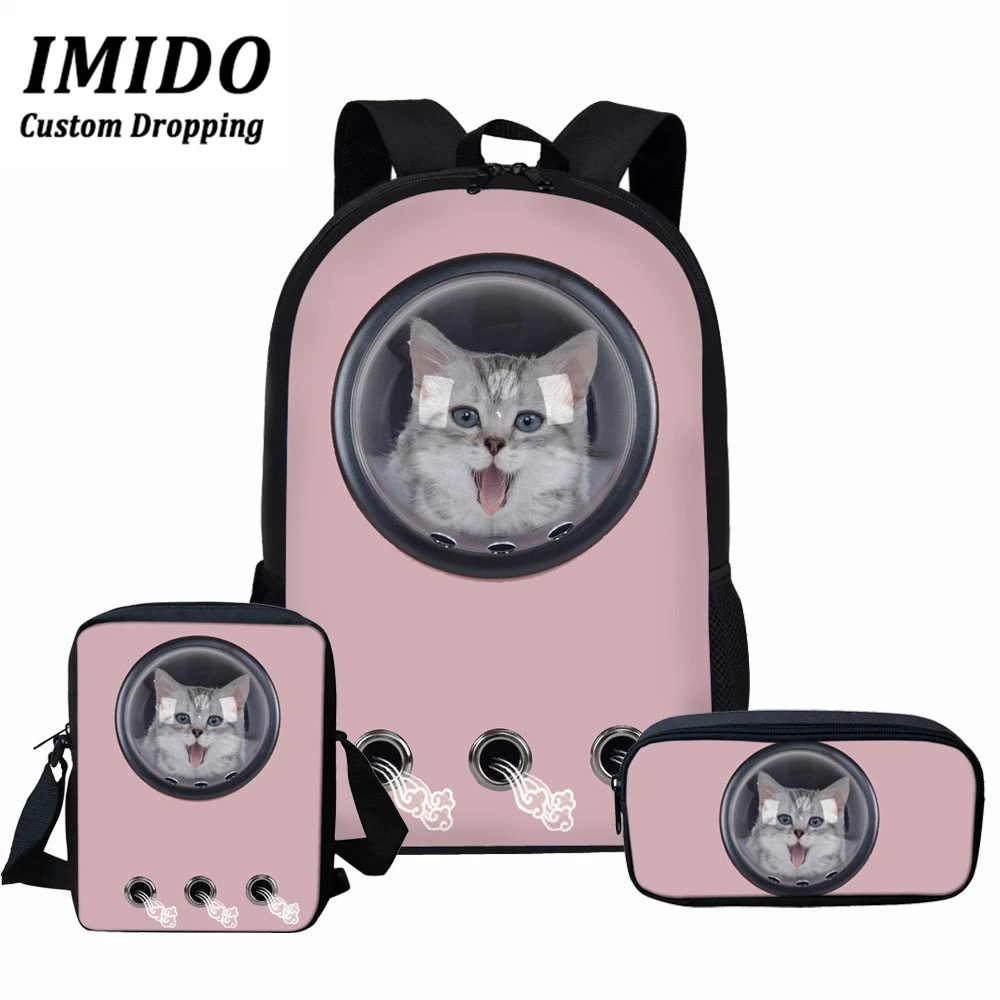 IMIDO, школьные сумки для студентов, синий, космонавт, переноска для животных, 3D принт кошки, школьная сумка, 3 шт., для девочек, детей, подростков, рюкзак, Mochila, ноутбук