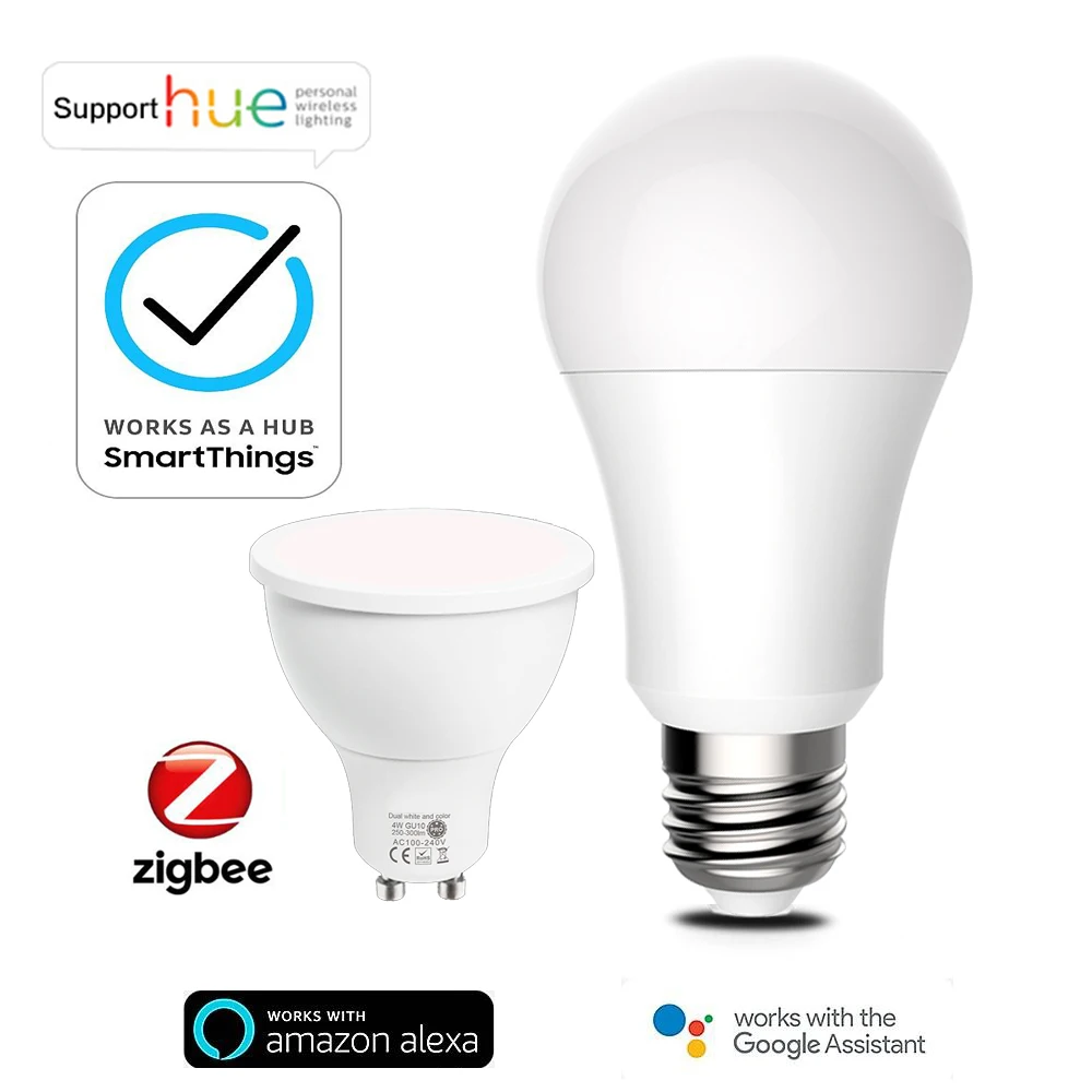 Tuya zigbee 3.0 inteligente lâmpada led gu10 e27 rgb + branco luz regulável funciona com alexa eco google assistente smartthings matiz