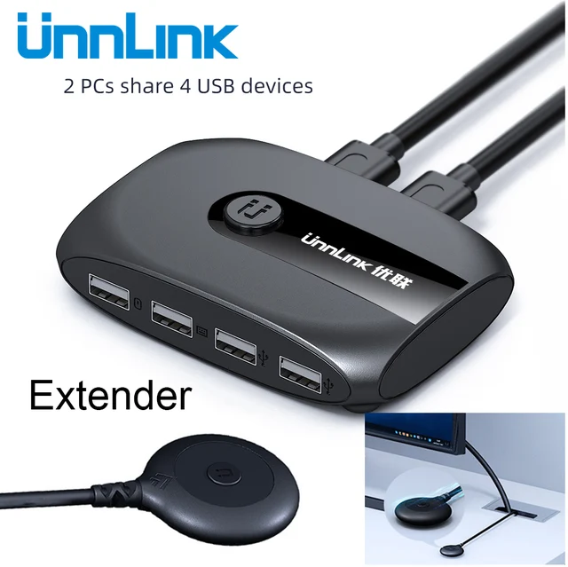 Unnlink 2 Ports KVM USB Switch with Extender USB 2.0 3.0 X4 Keyboard Mouse Printer U Disk for 2 PCs Computer Laptop USB Box 1