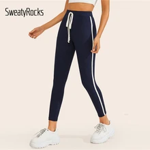 SweatyRocks темно-синяя лента для талии с завязками боковые леггинсы для активного отдыха женские облегающие эластичные леггинсы повседневные легинсы для легкой атлетики