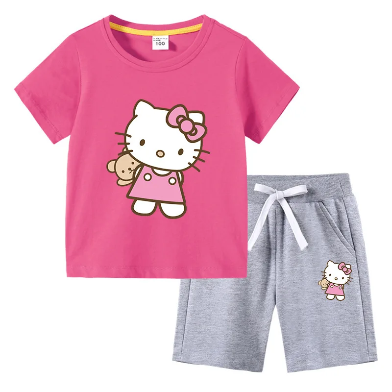 thumbnail image 1 of Camiseta con estampado de dibujos animados de verano de Hello Kitty + Pantalones casuales traje de dos piezas de manga corta de algodón para niños y niñas pueden usar, 1 of 5