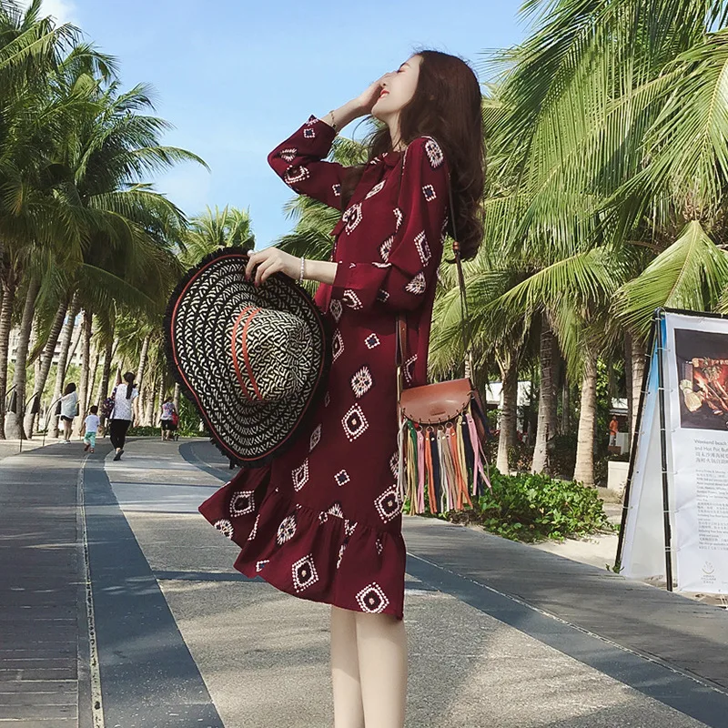

Floral-Print Dress New Style Women's Slimming Autumn Mid-length Retro Long Sleeve Laziness-Style Chiffon Base Skirt