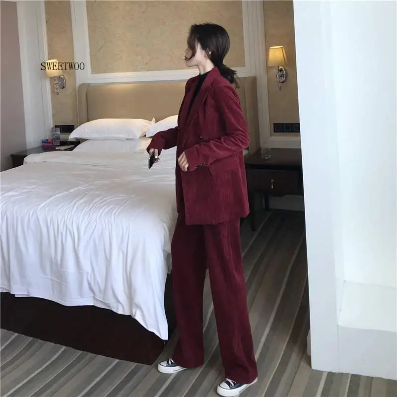 2020 Autumn Solid Women Elegant Corduroy Blazer OL Notch Collar Jacket Female Wine Red Double Breasted Coats