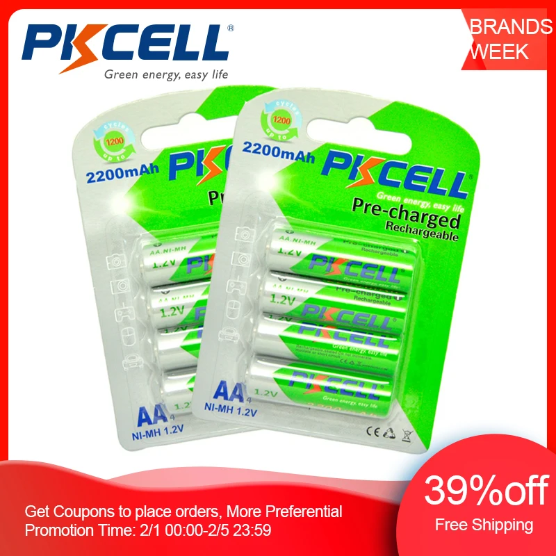 8 шт./2 карты PKCELL AA Аккумуляторная батарея AA NiMH 1,2 V 2200mAh Ni-MH 2A предварительно заряженная батарея с низким саморазрядом aa батареи - изображение