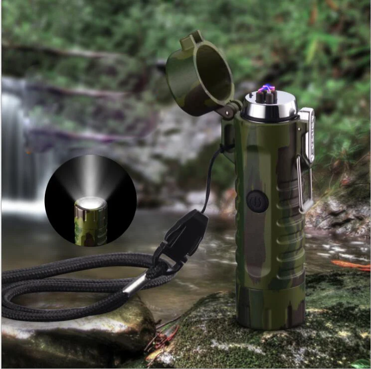 

Outdoor camping flashlight usb keychain portable led Multifunctional usb waterproof double arc charging lighter Jewelry pendant