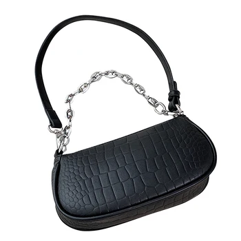 

Women PU Leather Fashion Crocodile Pattern Small Street Retro Travel Casual Handbag With Chain Zipper Underarm Baguette Bag