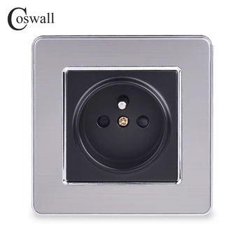 

COSWALL 16A French Standard Wall Socket Luxury Power Outlet Stainless Steel Brushed Silver Panel Electrical Plug AC 110~250V