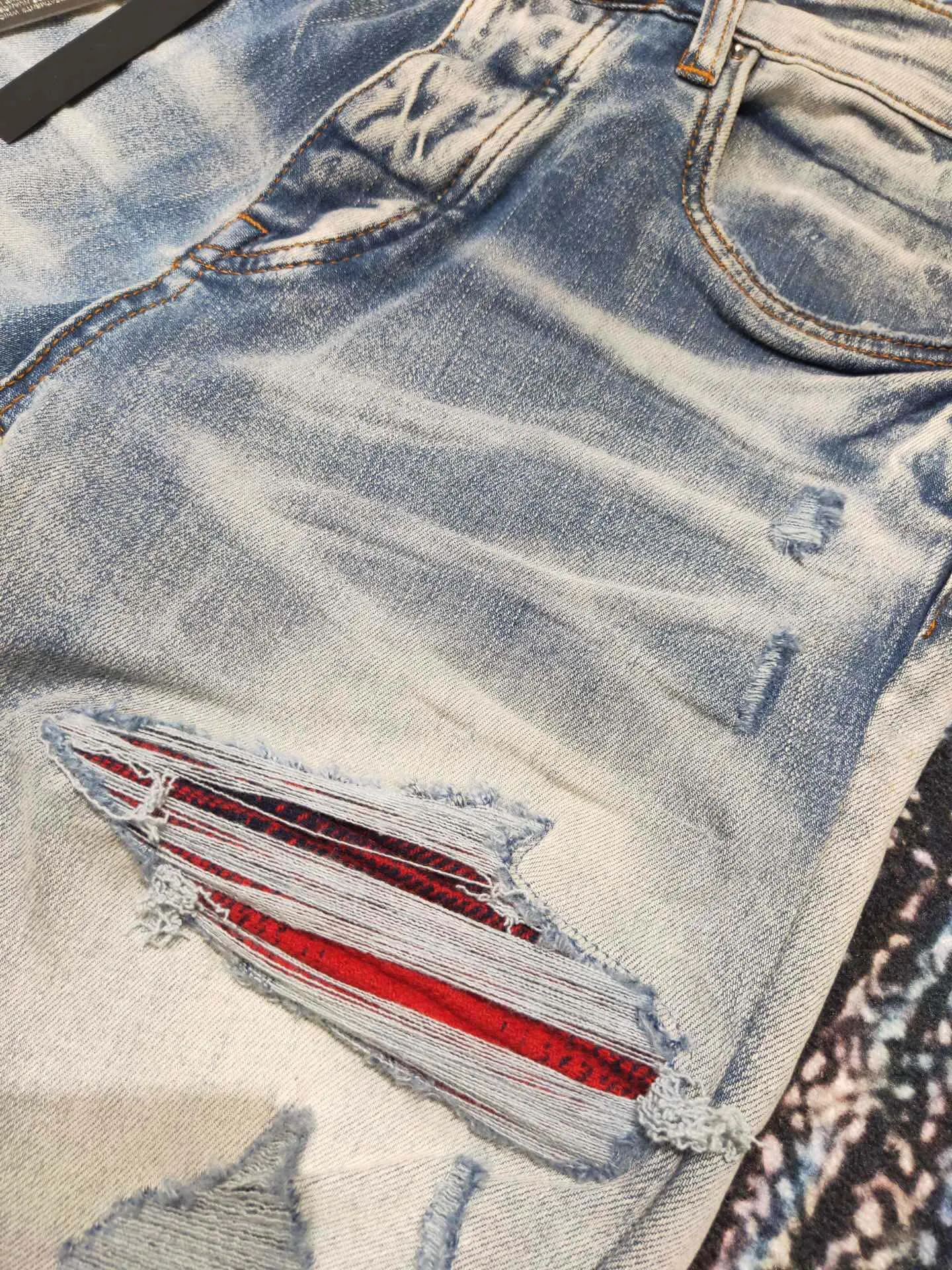 discounted men tartan fabric patch distressed jeans 4