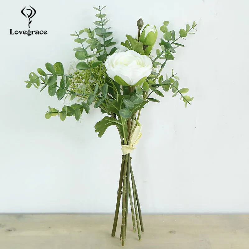 white Lovegrace цветок букет невесты Свадебный букет Искусственный шелк цветок лотоса лист эвкалипта белый ребенок дыхание домашний декор - Цвет: white