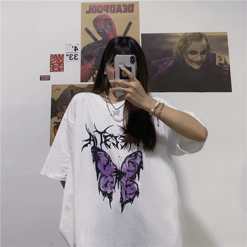 Camiseta con estampado de mariposa Harajuku para mujer, camisetas de gran tamaño, camiseta para mujer de verano, ropa urbana, camisetas para mujer