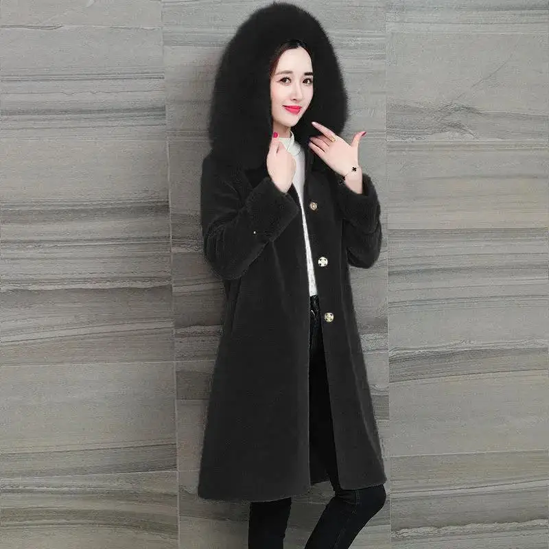 

2020 fox fur collar granular cashmere coat women's middle and long sheep shearer coat female fur