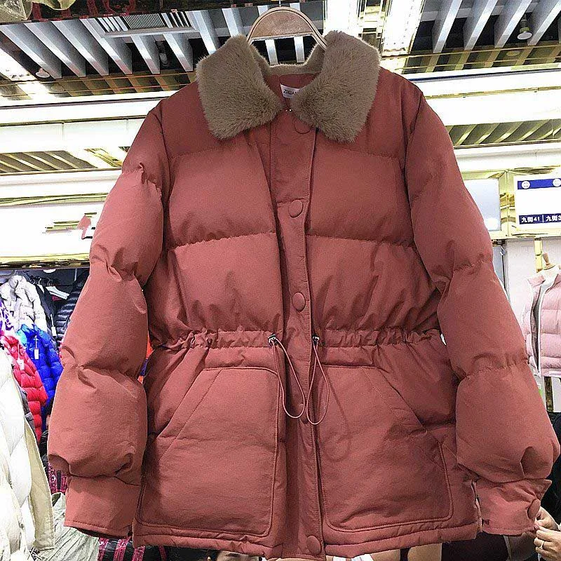 NiceMix Women Fur Collar Cotton Padded Coat Ladies Warm Thick Parkas Winter Coat Female Down Jacket for Office Lady Office coat - Цвет: brick red