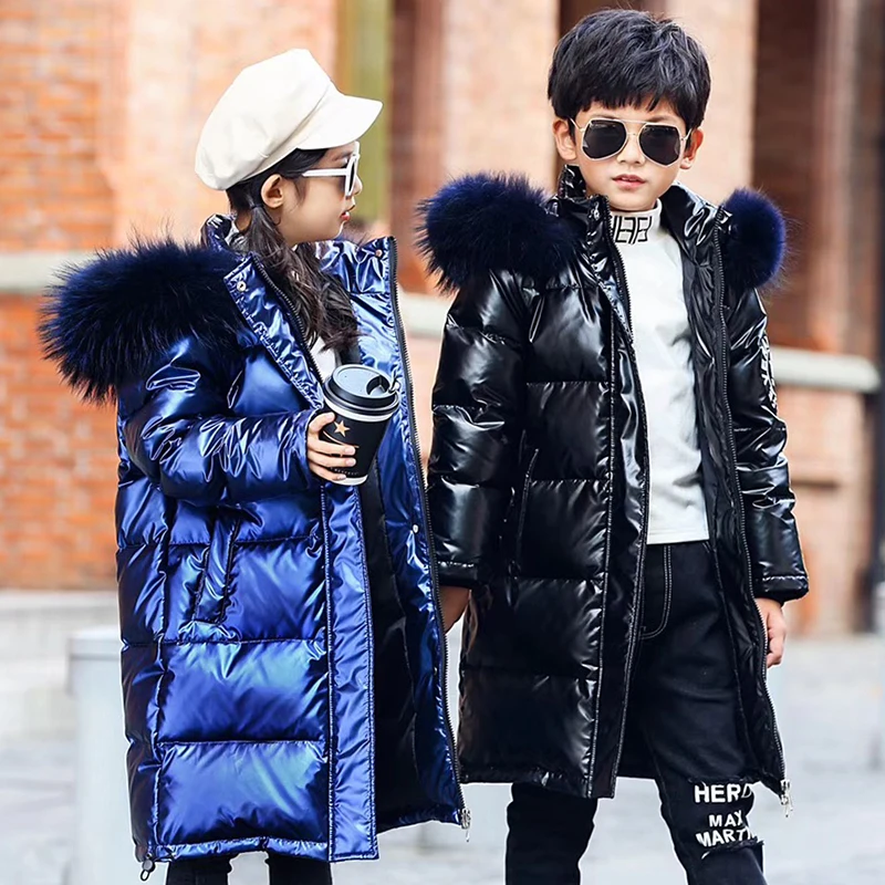 Зимние детские куртки-пуховики с меховым воротником пуховые пальто для мальчиков и девочек плотные теплые пальто длинные пуховые пальто для больших детей от 5 до 12 лет