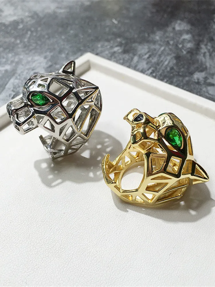 Trendy Hollow Leopard Animal Finger Ring Green Eyes Hollow Panther Heads Ring for Men Women High Quality Party Jewelry