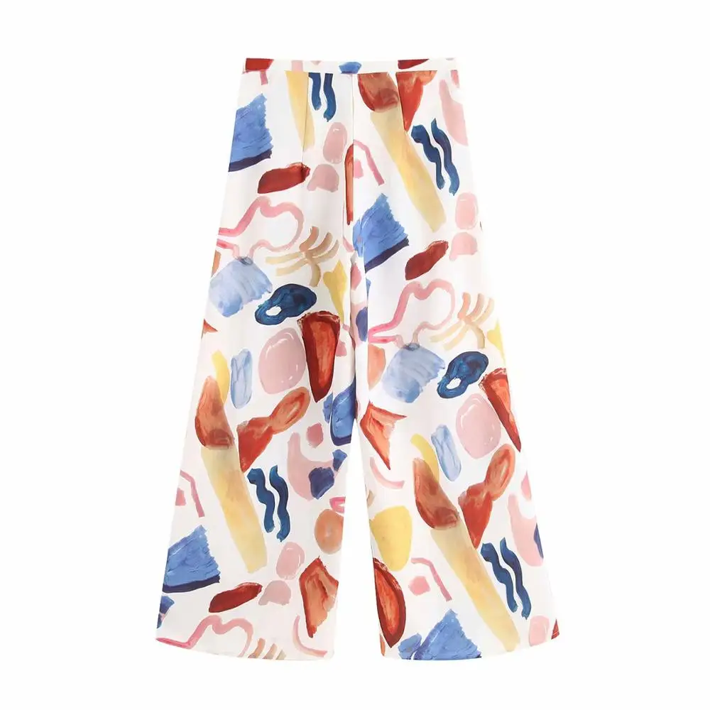 

Graffiti Casual Pants Women Chiffon Autumn Print High Waist Wide Leg Pants For Lady