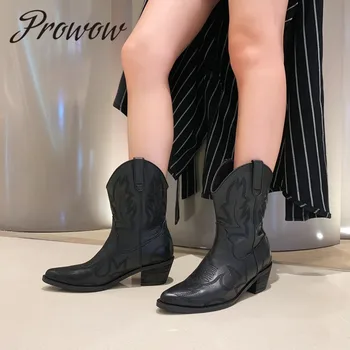 

Prowow New Autumn Winter Sexy Pointed Toe Flroal Embroidery Cowboy Boots Slip On Low Heel Boots Shoes Women