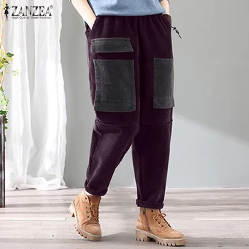 

ZANZEA 2020 Autumn Elastic Waist Trousers Vintage Corduroy Harem Pants Women Loose Patchwork Pants Casual Turnip Pantalon 5XL
