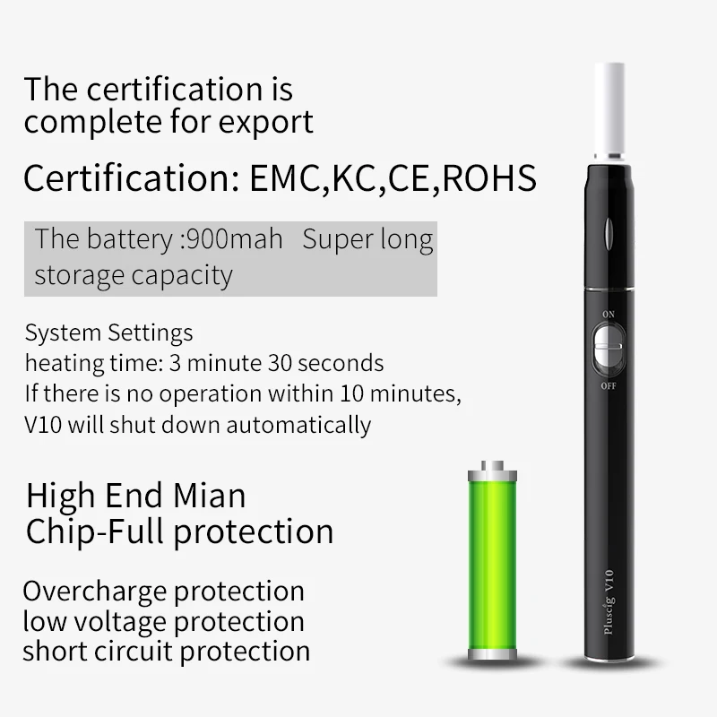 Оригинальная электронная сигарета Pluscig V10 с ручкой для электронных сигарет 900 мАч, комплекты аккумуляторов, Совместимость с брендом IQO, нагревательная палочка для табака toba 1