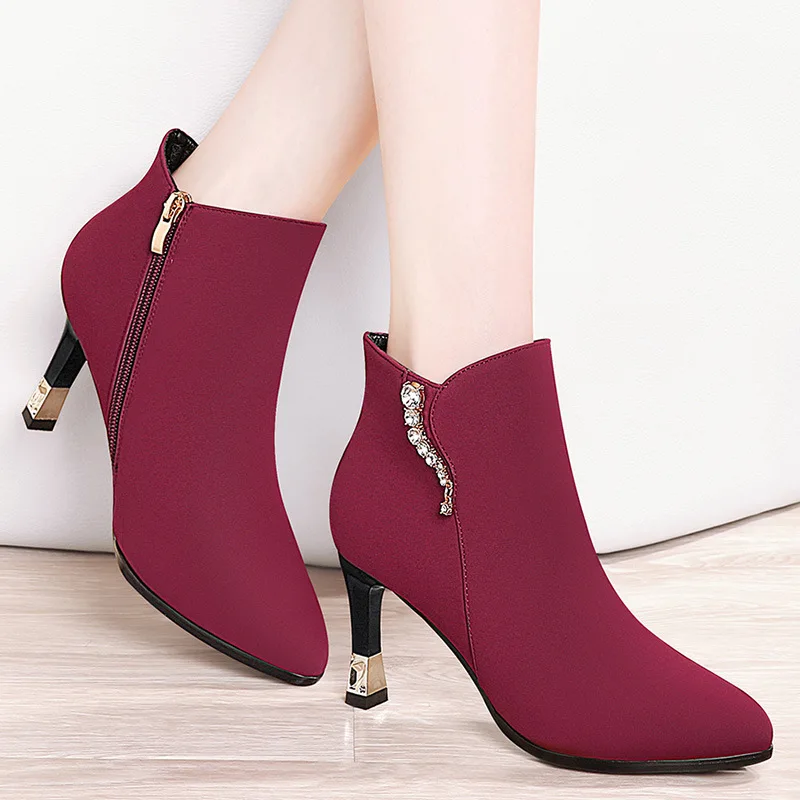 

Versitile Fashion Women's Pointed-Toe Thin Heeled Boots Side Zipper Man-made Diamond Short Boots Waterproof Platform WOMEN'S Sho
