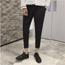 Повседневный полосатый мужской костюм брюки Простые Модные шаровары мужские брюки Весна Лето Свободные деловые Брюки Длина по щиколотку низ LH1005