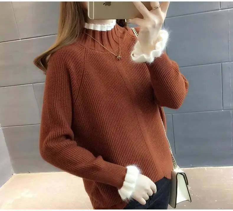 Зимние женские милые свободные полуводолазки трикотажные пуловеры свитер женский толстый плюс бархатный низ Трикотаж Джемпер X63