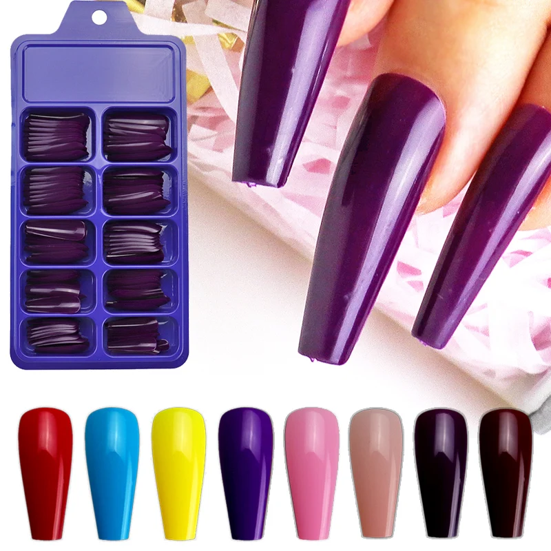 

WAKEFULNESS 100Pcs Colorful Long Coffin Nail Art Tips Pink Blue Purple Ballerina Fake Nails ABS Full Cover Fasle Nails Tool