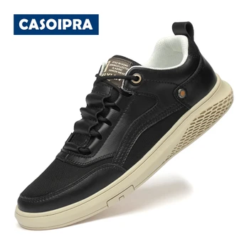 

CASOIPRA Men's Luxury Flat Leather Shoes Breathable Black Casual Shoes Lace Up Brand Zapatos Hombre Leisure White Sneakers Men