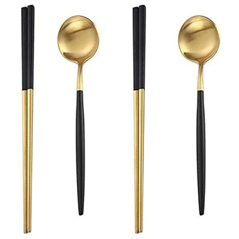 

2 Pairs of Chopsticks & 2 Spoons Flatware Set Dinnerware Stainless Steel - Black Gold