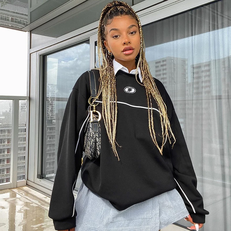 

Casual Letter Embroidery Black Oversize Sweatshirt Women 2020 Autumn O-Neck Long Sleeved Striped Sudaderas Pullover Tops Winter