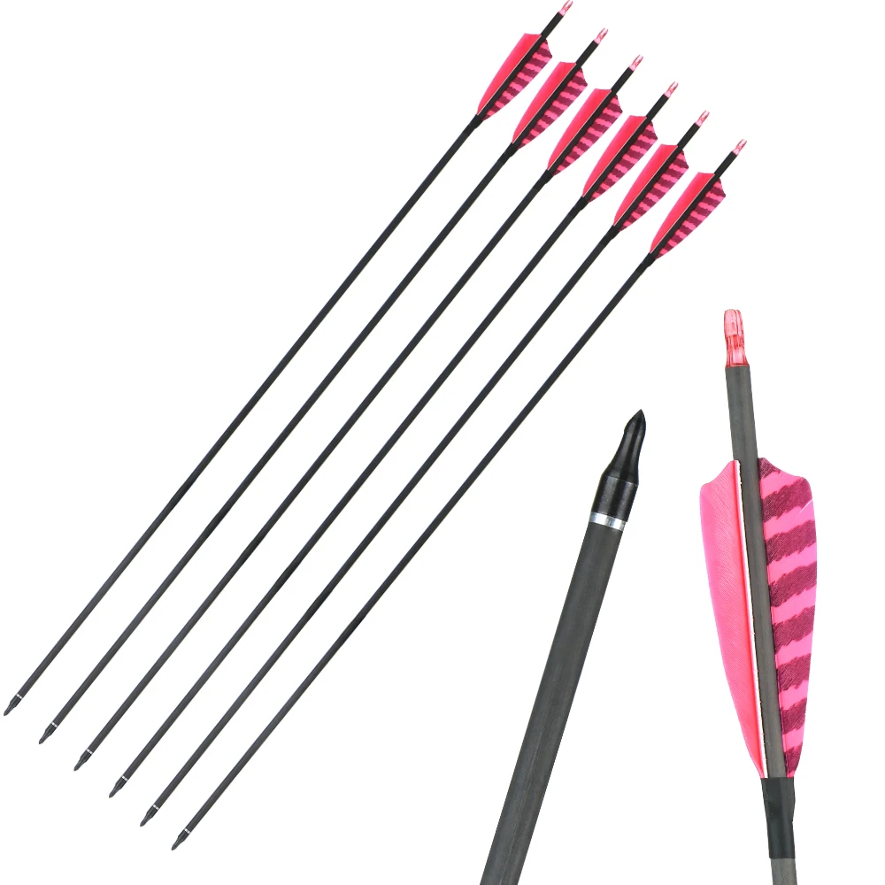 Billig 6 12 stücke Reinem Kohlenstoff Pfeile mit Natürlichen Federn 32 Zoll Wirbelsäule 400 ID 6,2mm Einstellbare Nocke für Schießen Jagd üben