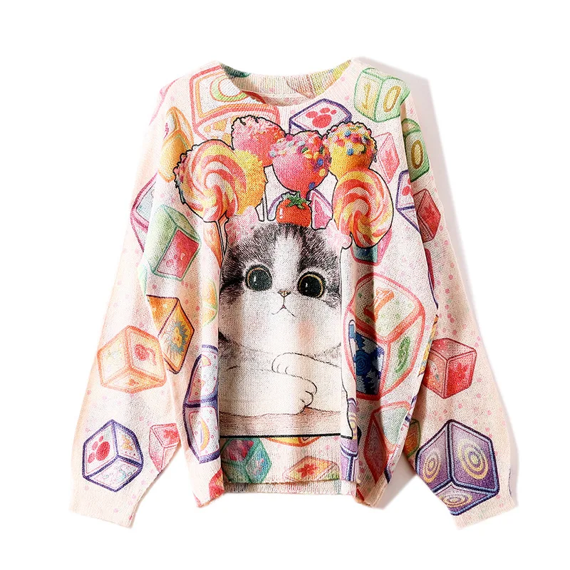 High Street Women Sweet Sweaters Personality Cartoon Cats Printed Designer Oversized Pullovers Autumn Knitted Jumpers Loose Tops | Женская