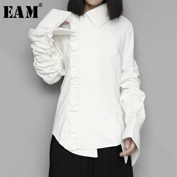 

[EAM] Women White Asymmetrical Pleated Temperament Blouse New Lapel Long Sleeve Loose Fit Shirt Fashion Spring Autumn 2020 1S434