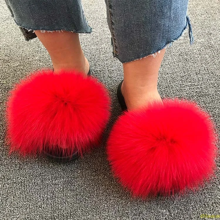 Шлепанцы с натуральным лисьим мехом большие размеры Летние пушистые шлепанцы